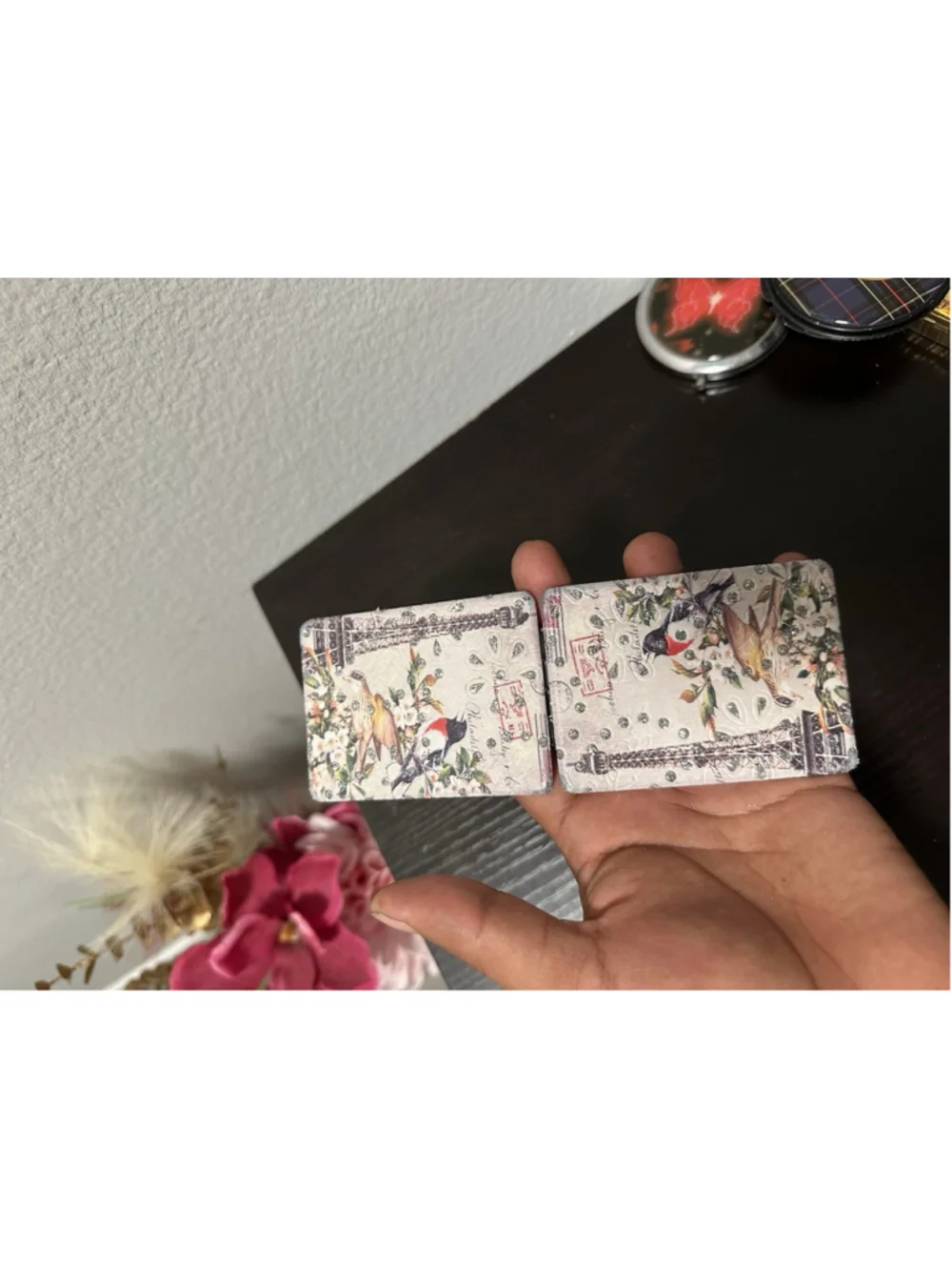 Rhinestone Bird Floral Rectangular Hinged Double Compact Mirror Case